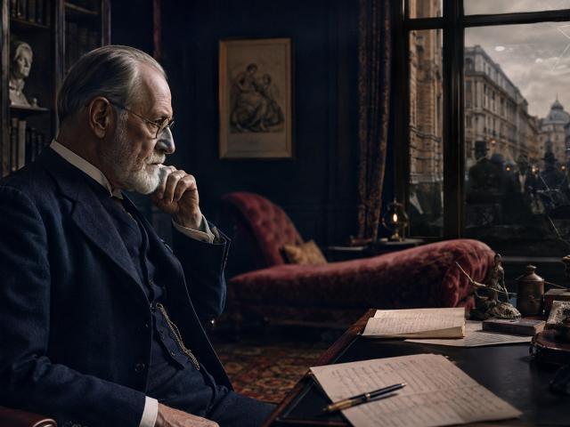 Historická ilustrácia Sigmunda Freuda vo viedenskej pracovni